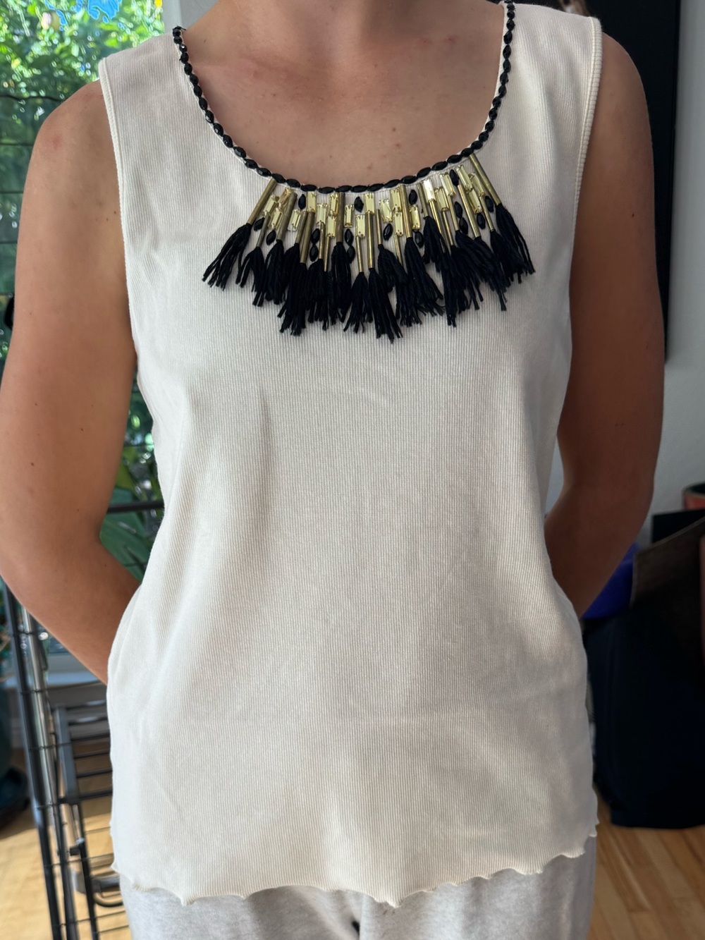 Ruby Rd. Cream Tank Top with Black Tassel & Gold Bead Neckline